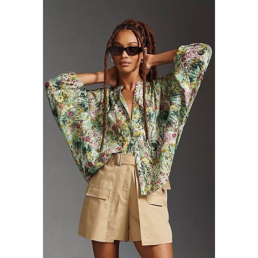 Anthropologie Pilcro Sz Medium The Sidney Printed Batwing Blouse Green